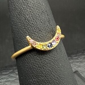 Madewell Ring Size 6.5 Half Moon‎ Crescent Rainbow Rhinestones Satin Gold Tone
